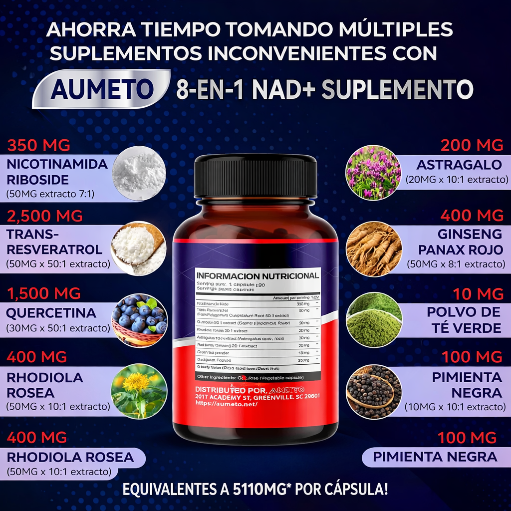 Aumeto NAD+ Nicotinamida 90 Cápsulas | Energía, Reparación Celular y Salud Cerebral