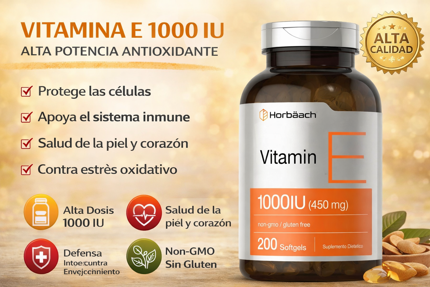 Vitamin E 1000 IU (450 mg) – 200 Softgels | Horbäach