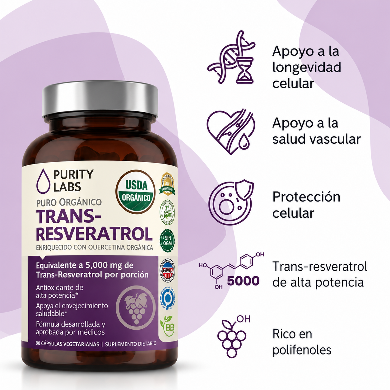 Purity Labs - Trans-Resveratrol de 5,000 mg - Antioxidante de Alta Potencia con Quercetina para Envejecimiento Saludable | 90 Cápsulas