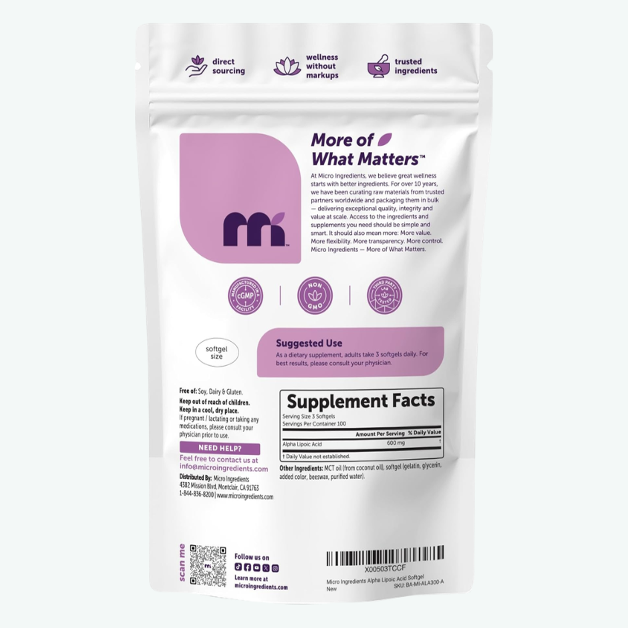 Micro Ingredients - Ácido Alfa Lipoico 600 mg con Aceite MCT | 300 Softgels