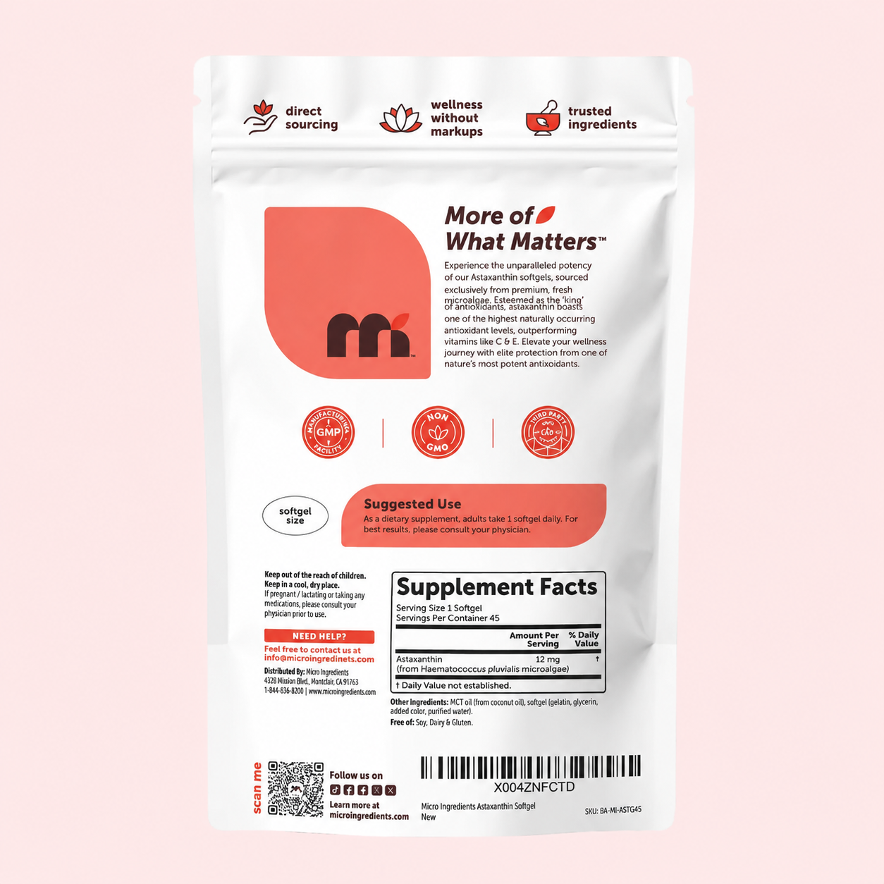 Micro Ingredients – Astaxantina 12 mg - Antioxidante Potente para Piel, Energía y Protección Celular | Softgels