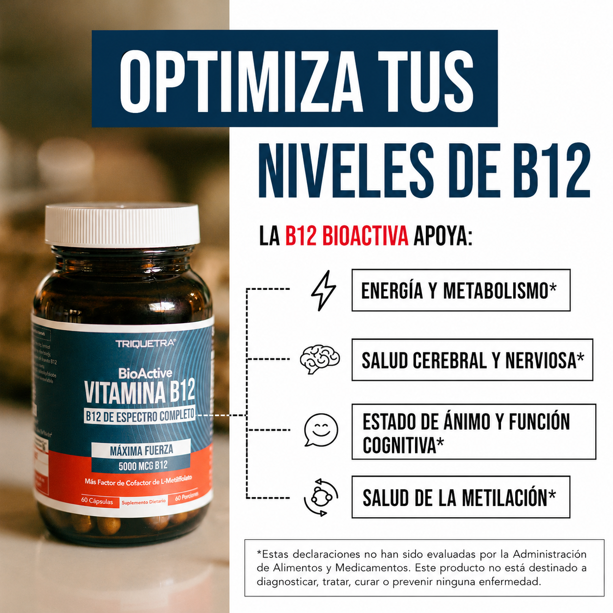 Triquetra - BioActive Vitamina B12 5000 mcg de Espectro Completo | 60 Porciones