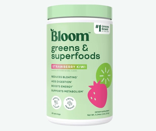 Bloom Nutrition - Polvo de Verduras y Superalimentos para la Salud Digestiva - Enzimas Digestivas, Probióticos, Espirulina, Clorela para la Hinchazón y el Bienestar Intestinal Sabor a Fresa y Kiwi | Porciones
