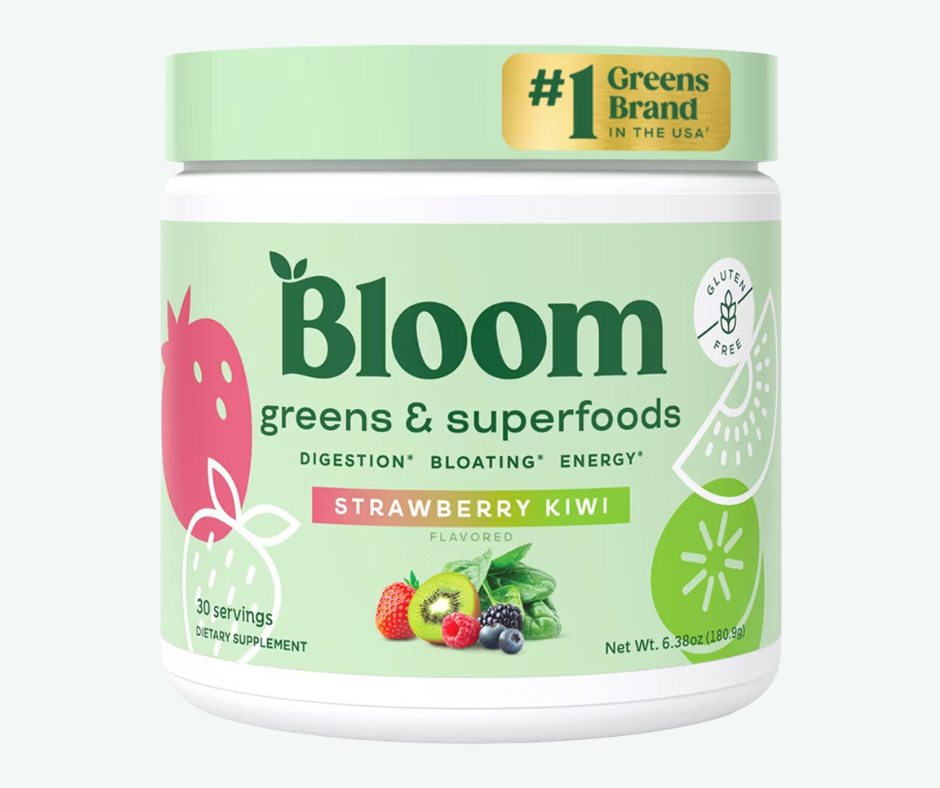Bloom Nutrition - Polvo de Verduras y Superalimentos para la Salud Digestiva - Enzimas Digestivas, Probióticos, Espirulina, Clorela para la Hinchazón y el Bienestar Intestinal Sabor Fresa y Kiwi | Porciones