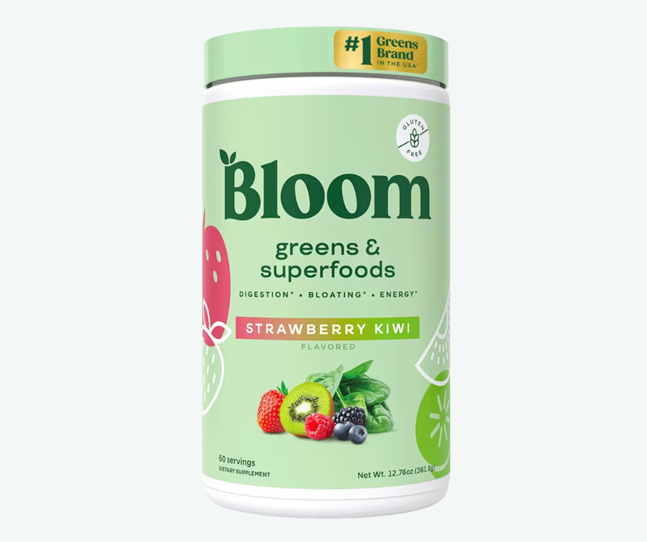 Bloom Nutrition - Polvo de Verduras y Superalimentos para la Salud Digestiva - Enzimas Digestivas, Probióticos, Espirulina, Clorela para la Hinchazón y el Bienestar Intestinal Sabor Fresa y Kiwi | Porciones