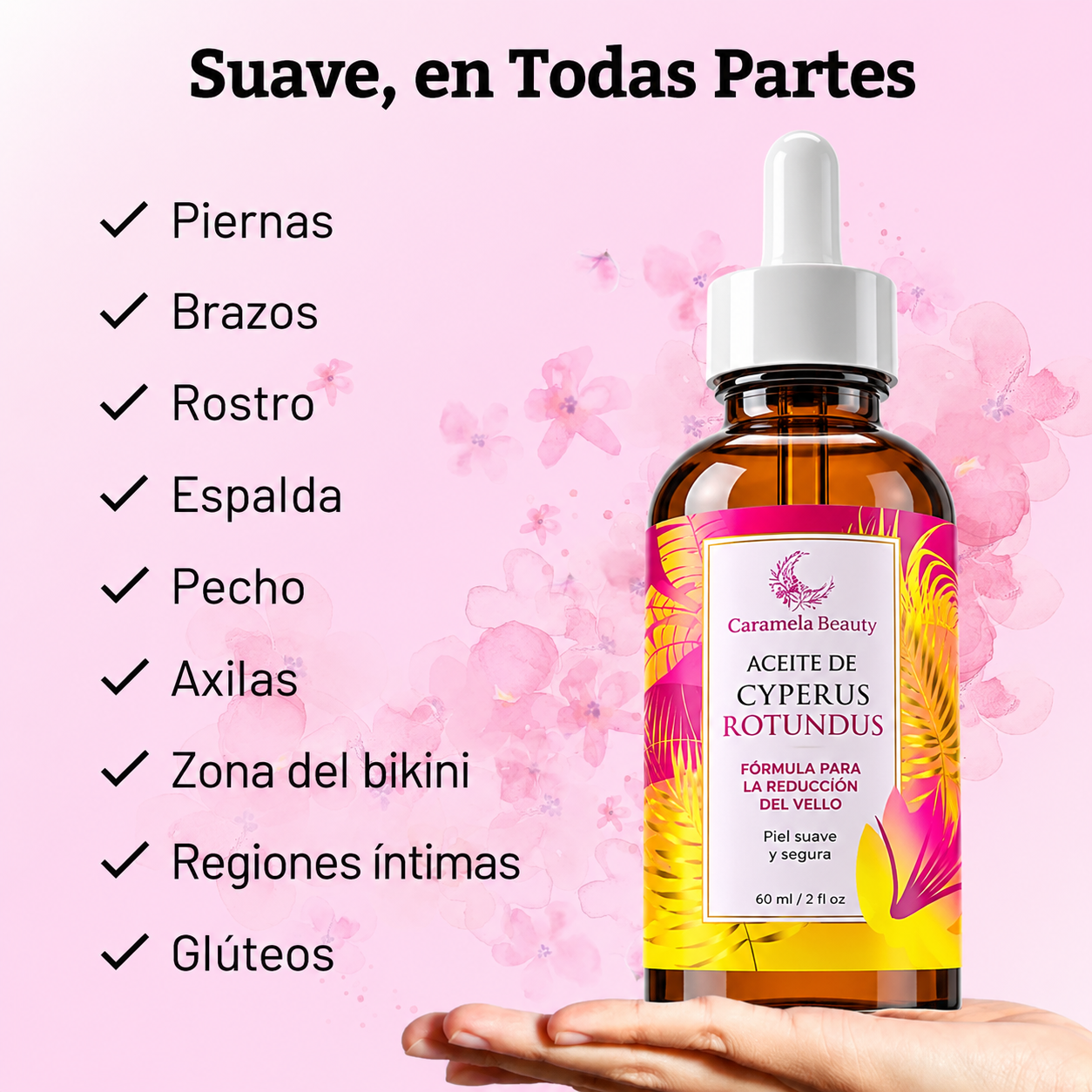 Caramela Beauty - Aceite de Cyperus Rotundus – Aceite Natural para Reducir el Crecimiento del Vello | 60 mL