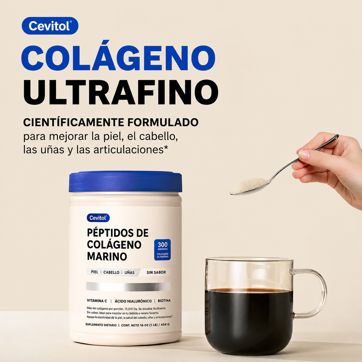 Cevitol - Péptidos de Colágeno Marino - Colágeno Hidrolizado Ultrafino en Polvo para Mujeres y Hombres con Ácido Hialurónico, Biotina y Vitamina C  para la Piel, el Cabello, las Uñas y las Articulaciones - Sin Sabor de Fácil Disolución | 454 Gr