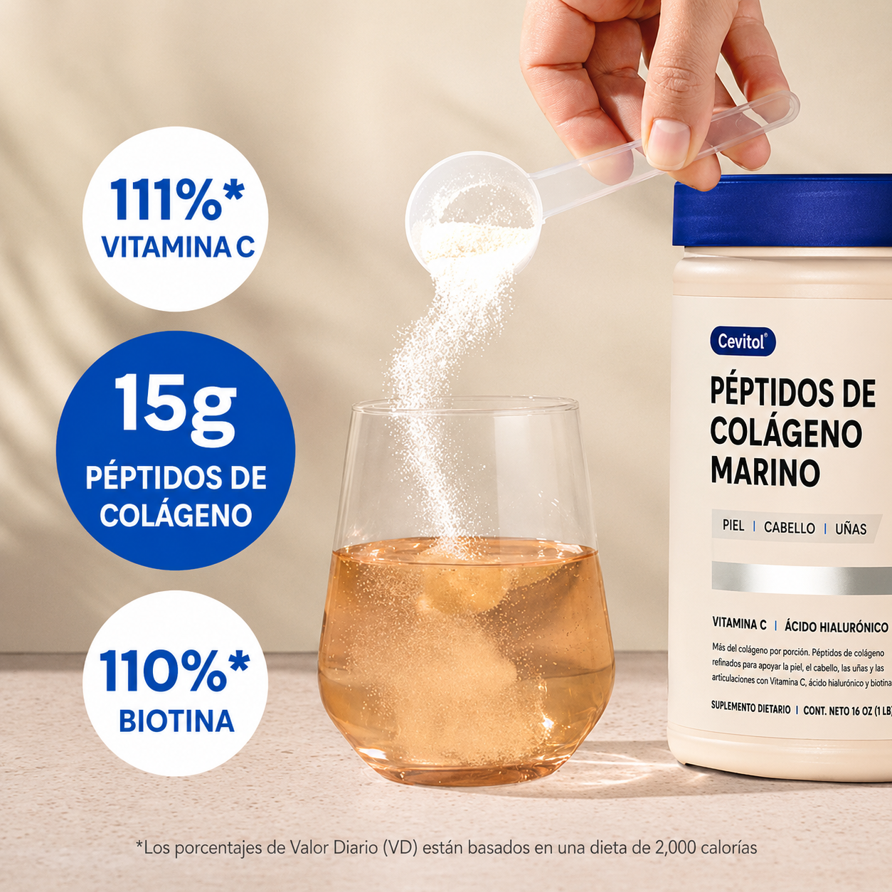 Cevitol - Péptidos de Colágeno Marino - Colágeno Hidrolizado Ultrafino en Polvo para Mujeres y Hombres con Ácido Hialurónico, Biotina y Vitamina C  para la Piel, el Cabello, las Uñas y las Articulaciones - Sin Sabor de Fácil Disolución | 454 Gr