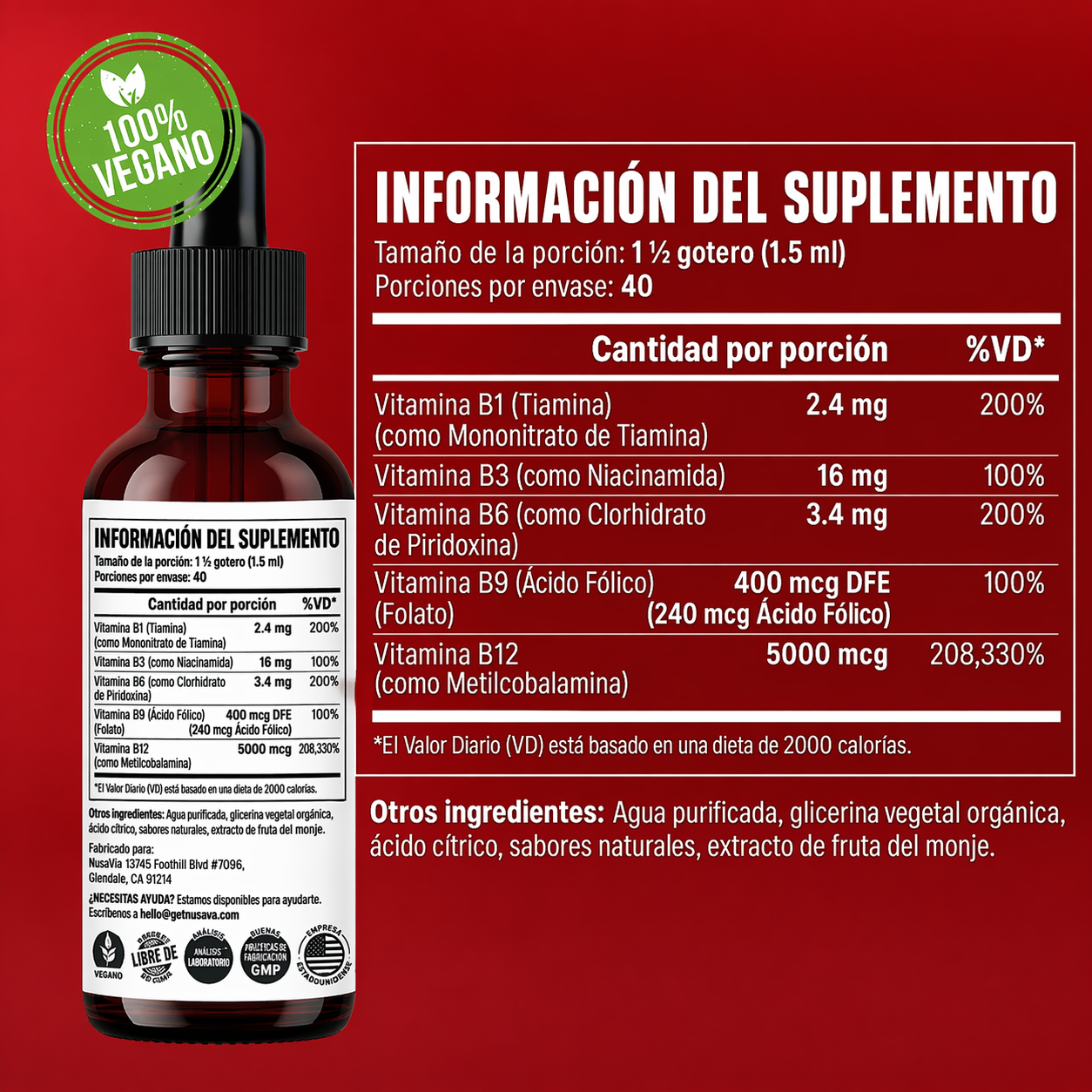 Nusava - Vitamina B Complex Líquido con B12 5000 mcg + B6 + B1 | Energía, Cerebro y Sistema Nervioso | 60 ml