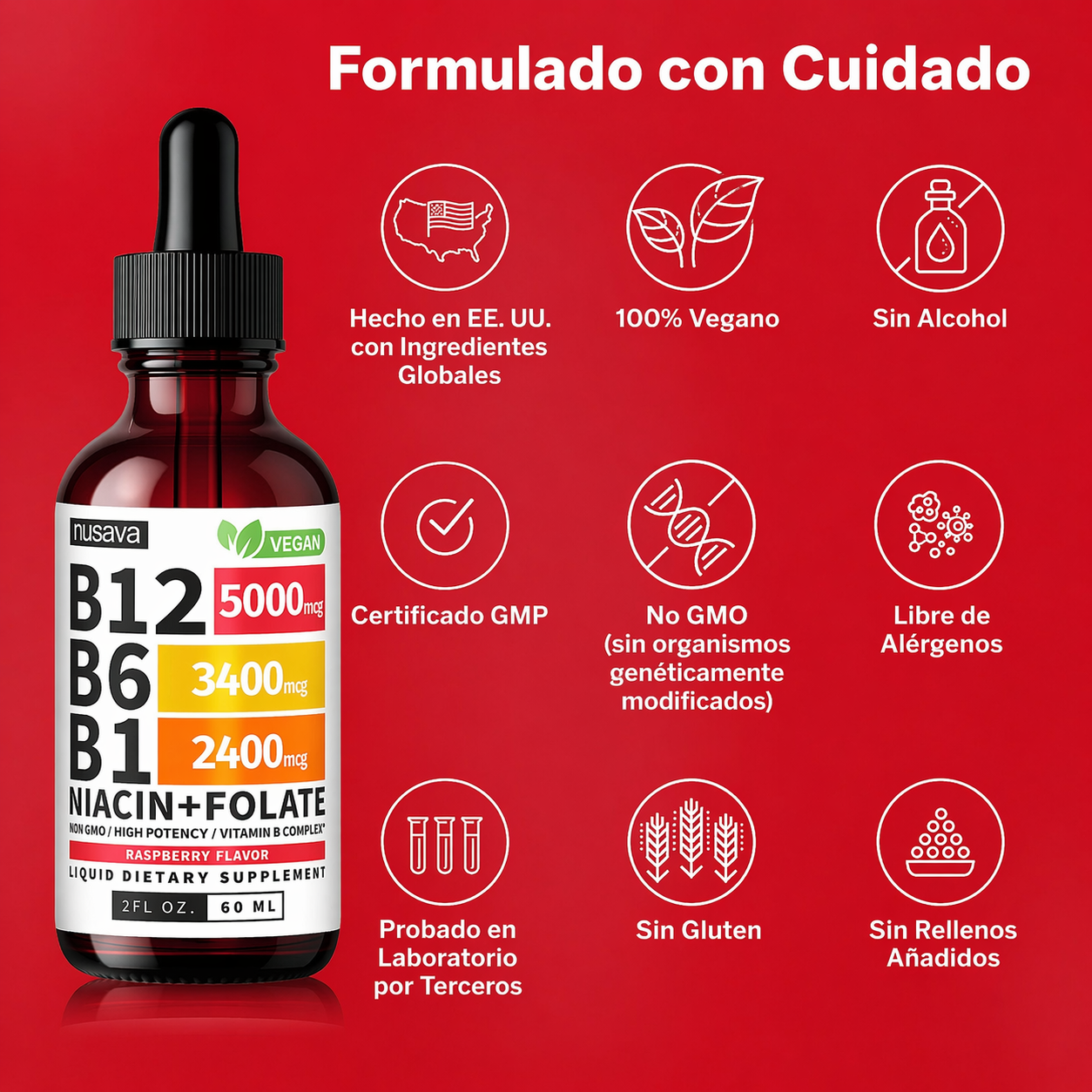 Nusava - Vitamina B Complex Líquido con B12 5000 mcg + B6 + B1 | Energía, Cerebro y Sistema Nervioso | 60 ml