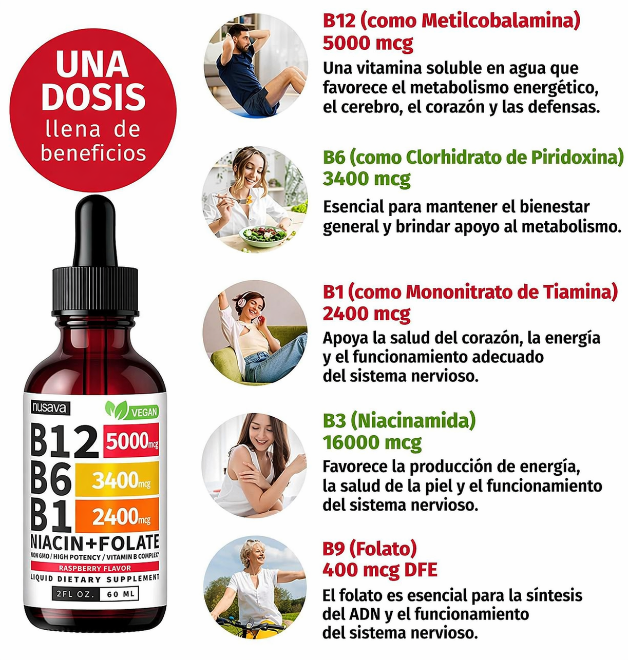 Nusava - Vitamina B Complex Líquido con B12 5000 mcg + B6 + B1 | Energía, Cerebro y Sistema Nervioso | 60 ml