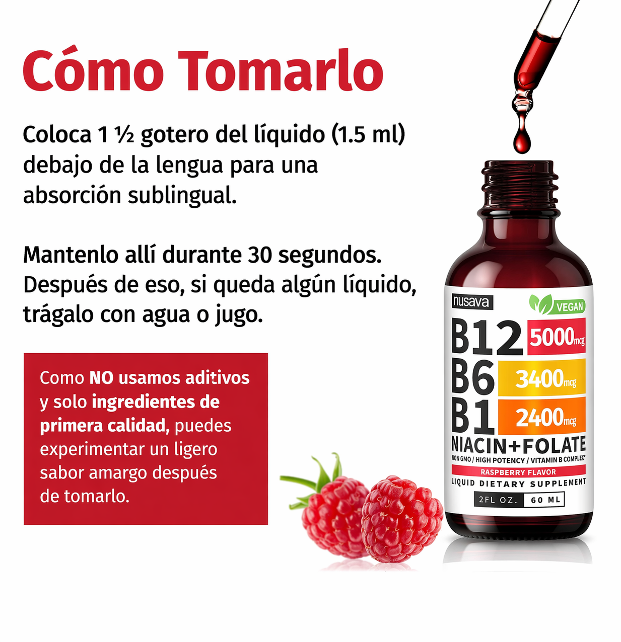 Nusava - Vitamina B Complex Líquido con B12 5000 mcg + B6 + B1 | Energía, Cerebro y Sistema Nervioso | 60 ml