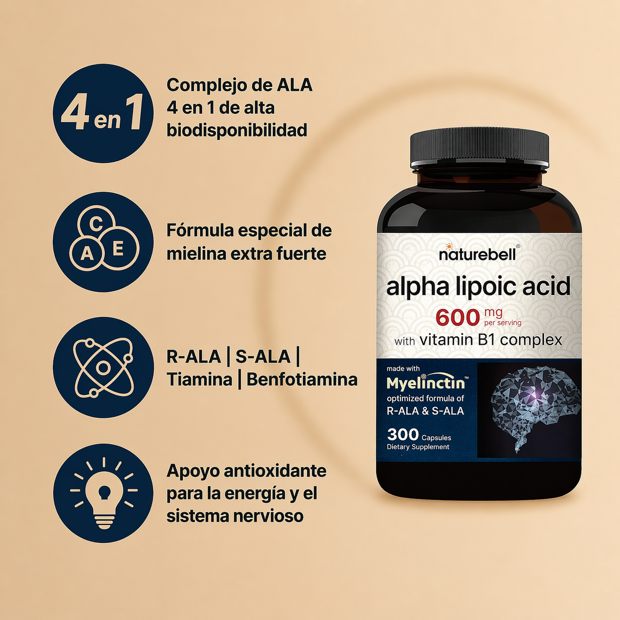 Ácido Alfa Lipoico 600 mg con Vitamina B1 | Antioxidante para Energía y Sistema Nervioso | NatureBell 300 Cápsulas