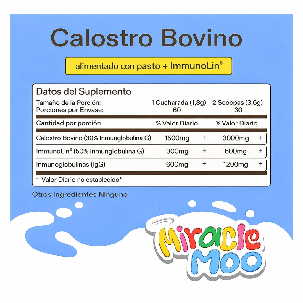 Miracle Moo - Calostro Bovino con ImmunoLin® - Apoyo Inmunológico, Energía y Salud Digestiva | Gr