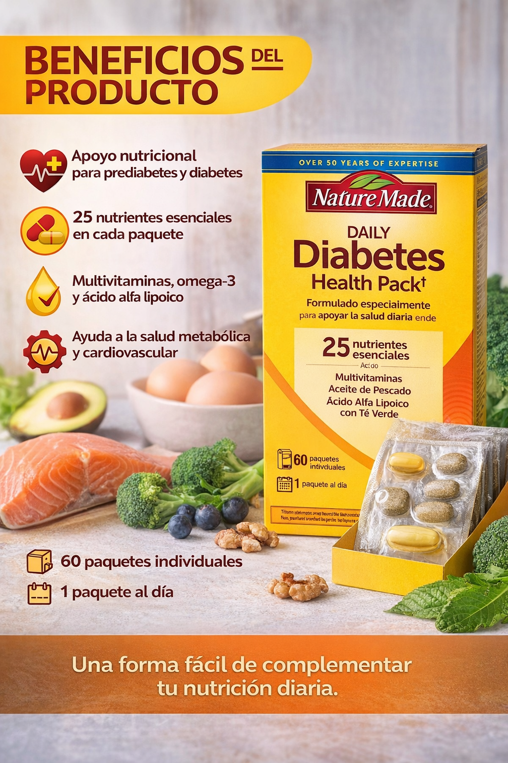Nature Made Daily Diabetes Health Pack 60 Sobres – Vitaminas y Minerales para la Salud en Diabetes