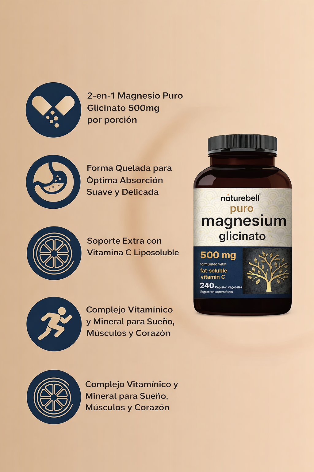 Glicinato de Magnesio 500 mg NatureBell – 240 Cápsulas | Magnesio de Alta Absorción para Músculos, Estrés y Sueño
