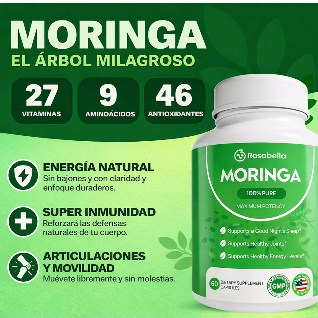 Rosabella Moringa 100% Pura Potencia Máxima – 60 Cápsulas | Energía Natural, Antioxidantes y Soporte Inmunológico