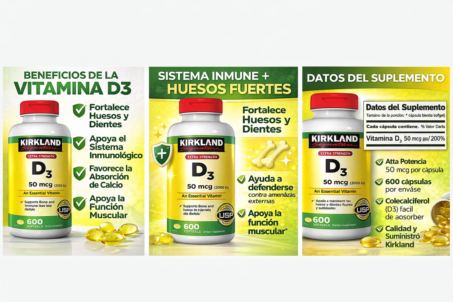 Kirkland Signature - Vitamina D3 50 mcg (2000 IU) – Soporte Inmunológico y Óseo – 600 Softgels