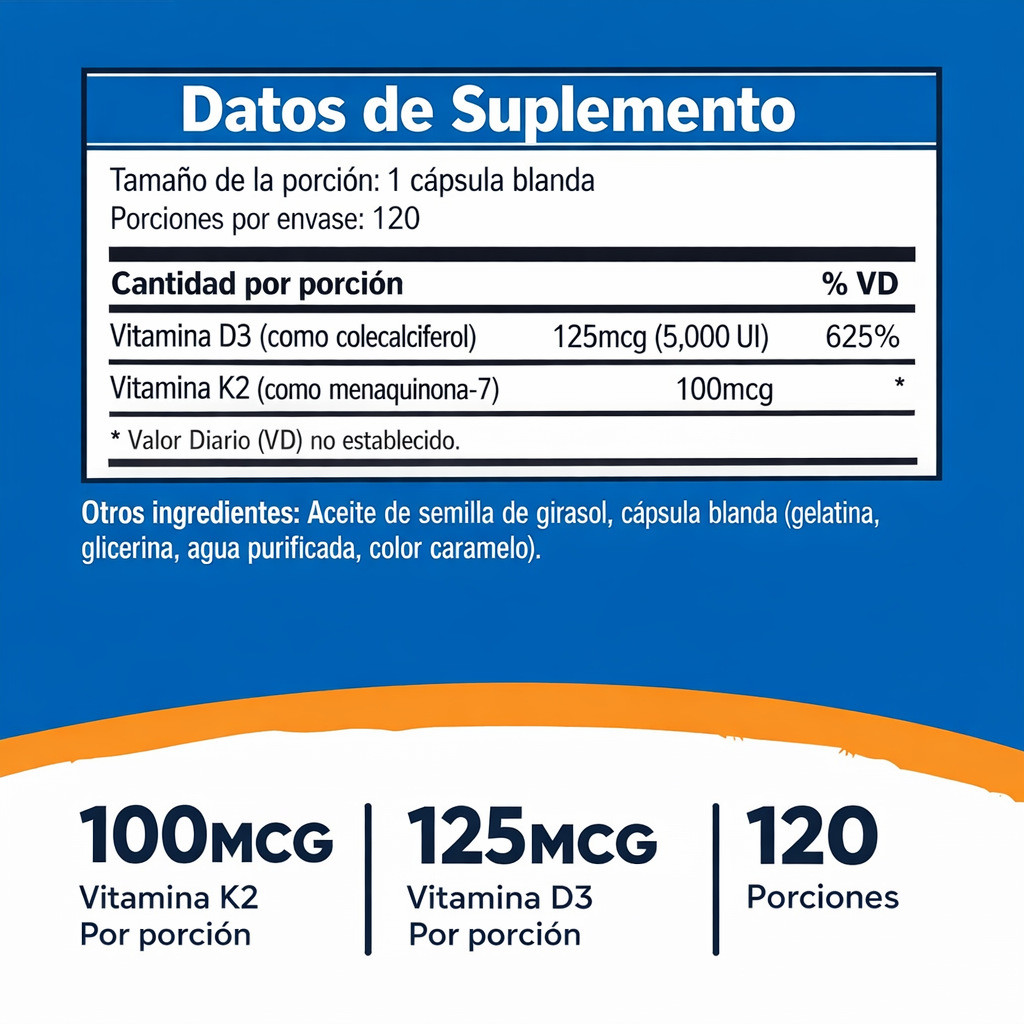 Vitamina K2 100 mcg + Vitamina D3 125 mcg (5000 IU) – 120 cápsulas blandas – Nutricost