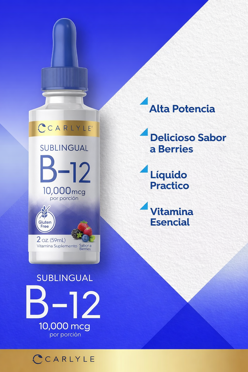 Carlyle - Vitamina B12 Líquida Sublingual 10,000 mcg – Sabor Berry – 2 fl oz (59 mL)