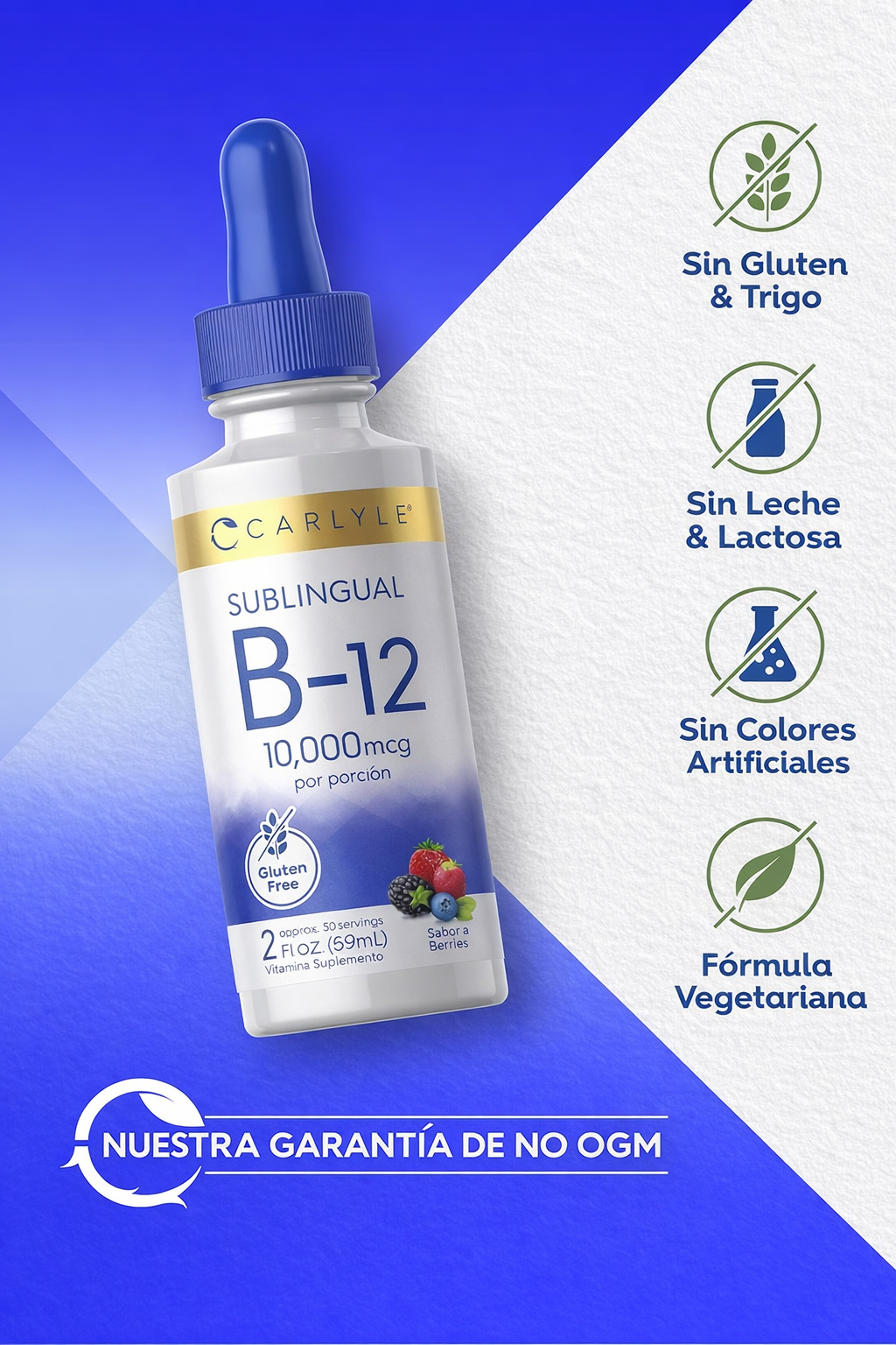 Carlyle - Vitamina B12 Líquida Sublingual 10,000 mcg – Sabor Berry – 2 fl oz (59 mL)