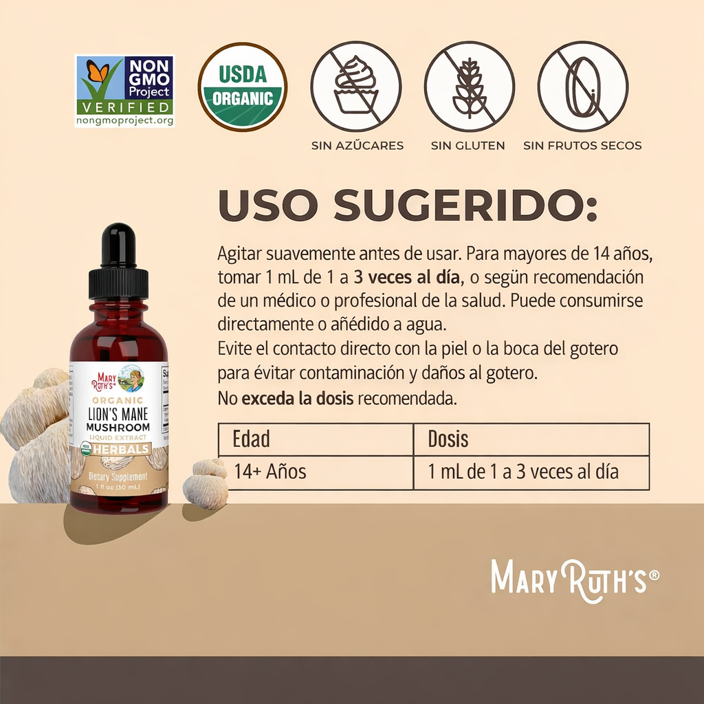 MaryRuth’s - Hongo Orgánico de Melena de León – Extracto Líquido Orgánico para Memoria, Enfoque y Sistema Nervioso | 30 mL