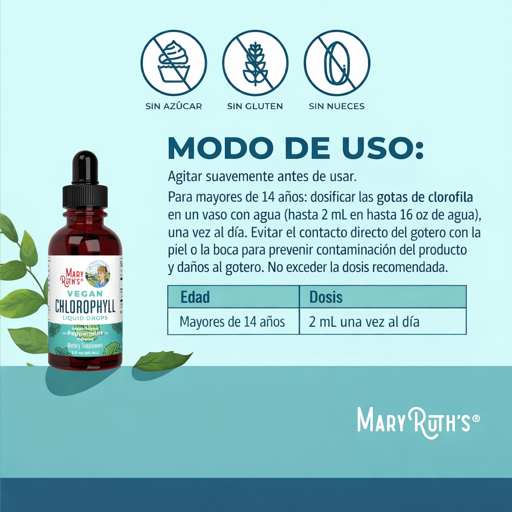 MaryRuth’s - Clorofila Líquida Vegana de 50 mg – Detox Natural, Energía y Control de Olor Corporal | Sabor Menta - 60 mL