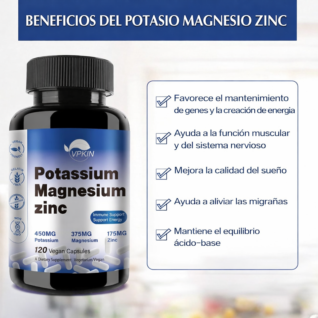 VPKIN – Potasio, Magnesio y Zinc - Complejo Mineral 450 mg Potasio + 375 mg Magnesio + 175 mg Zinc - Cápsulas Veganas