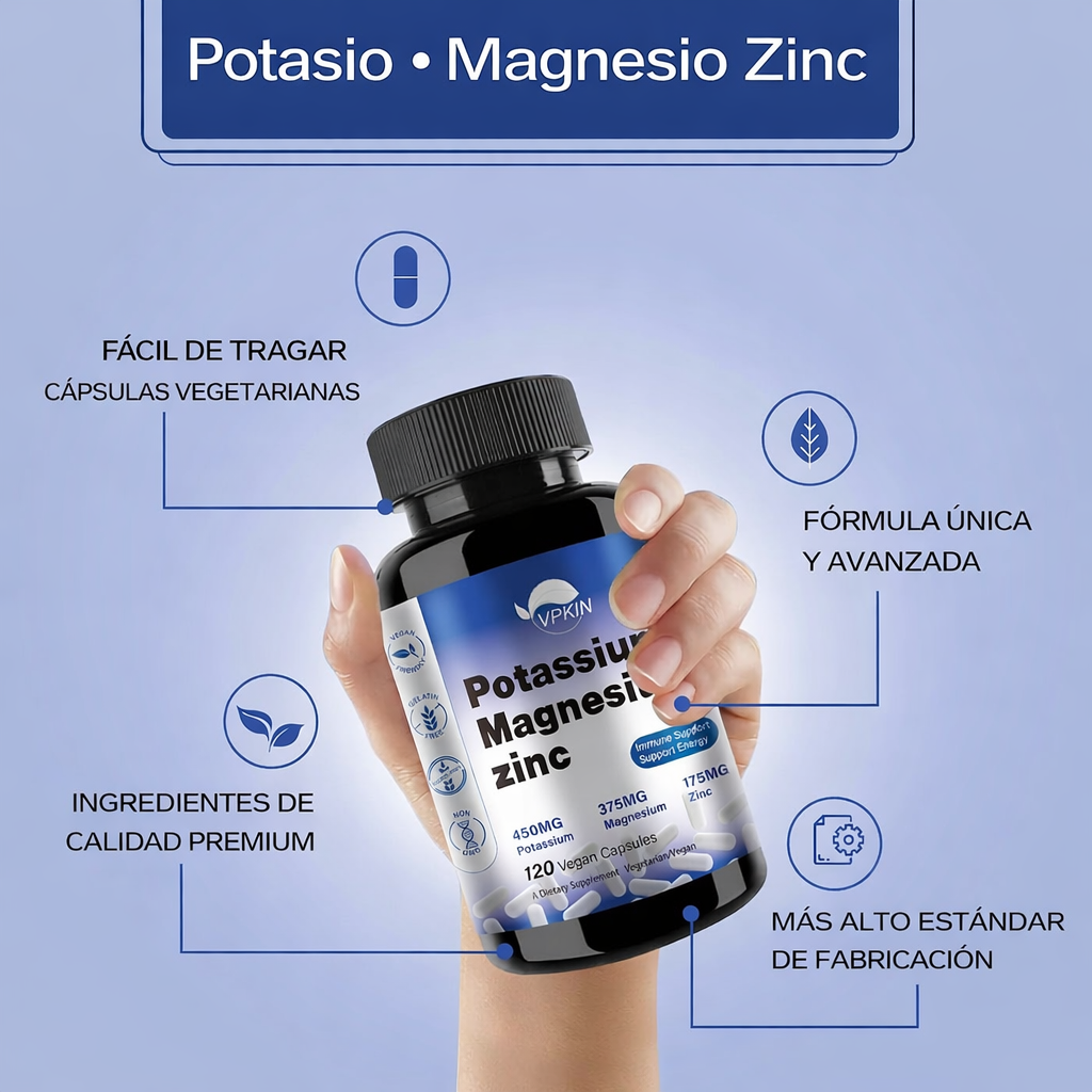 VPKIN – Potasio, Magnesio y Zinc - Complejo Mineral 450 mg Potasio + 375 mg Magnesio + 175 mg Zinc - Cápsulas Veganas