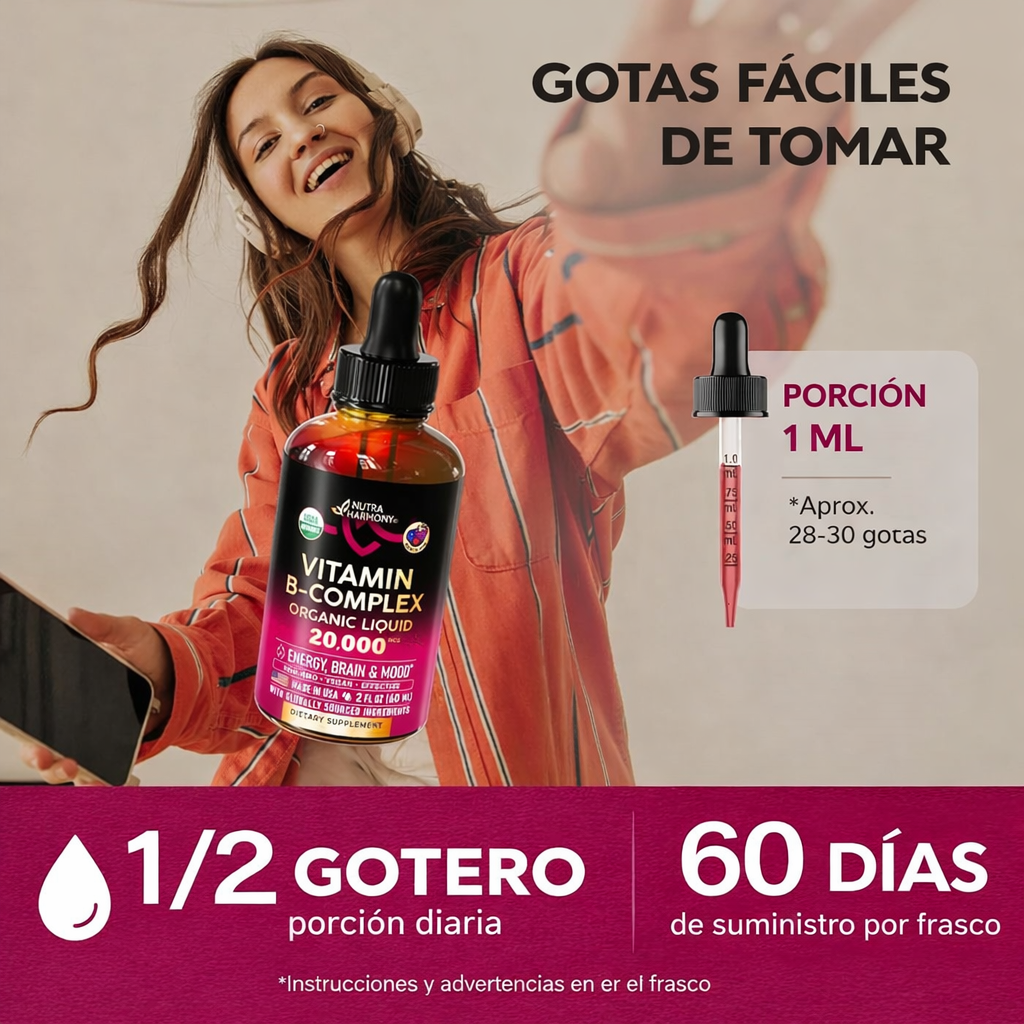 Nutra Harmony - Complejo B Líquido Orgánico 20,000 mcg – Energía, Enfoque y Ánimo – Con B12 Metilcobalamina