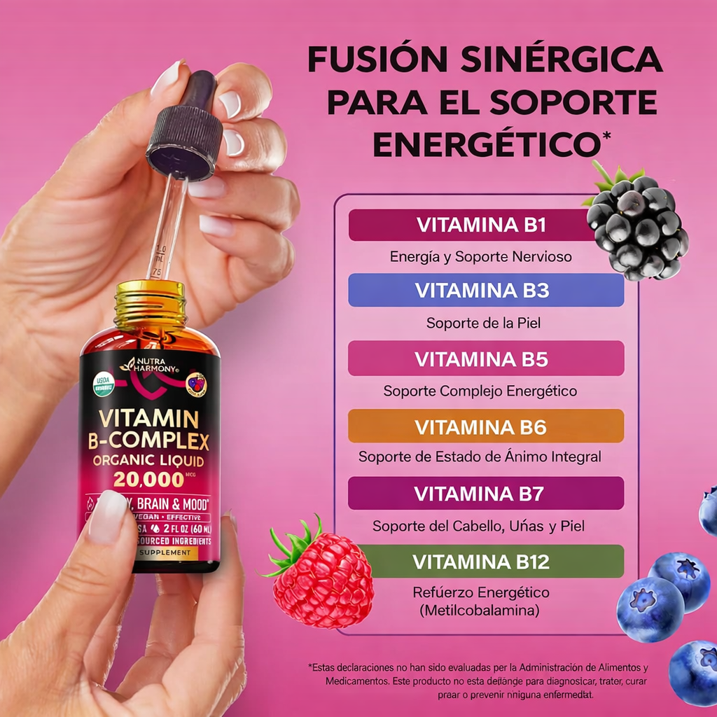 Nutra Harmony - Complejo B Líquido Orgánico 20,000 mcg – Energía, Enfoque y Ánimo – Con B12 Metilcobalamina