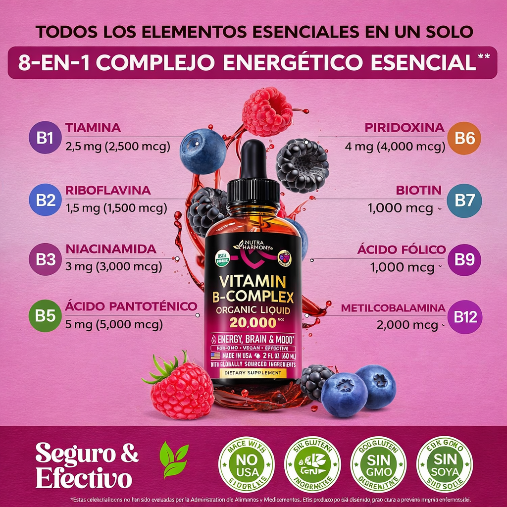 Nutra Harmony - Complejo B Líquido Orgánico 20,000 mcg – Energía, Enfoque y Ánimo – Con B12 Metilcobalamina
