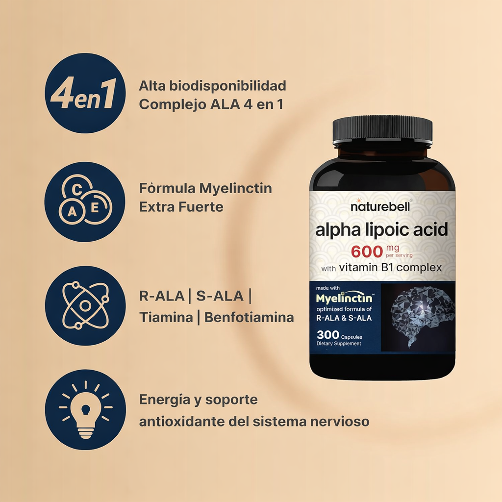NatureBell - Ácido Alfa Lipoico 600 mg + Complejo B1 – Antioxidante y Soporte Neurológico | 300 Cápsulas