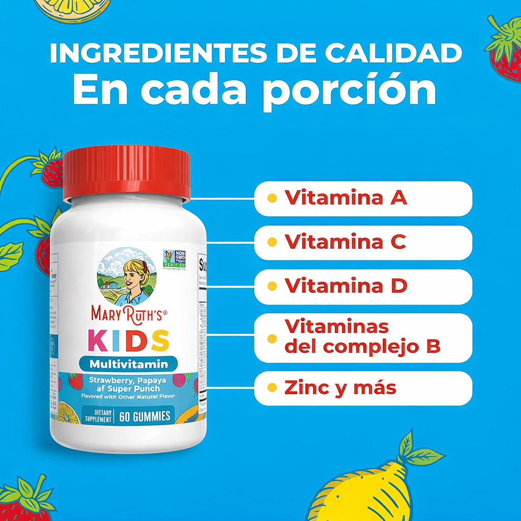 MaryRuth’s - Gomitas Multivitamínicas Sin Azúcar – Vitaminas para Niños | D3, C, A, B12 y Zinc | 60 Gomitas