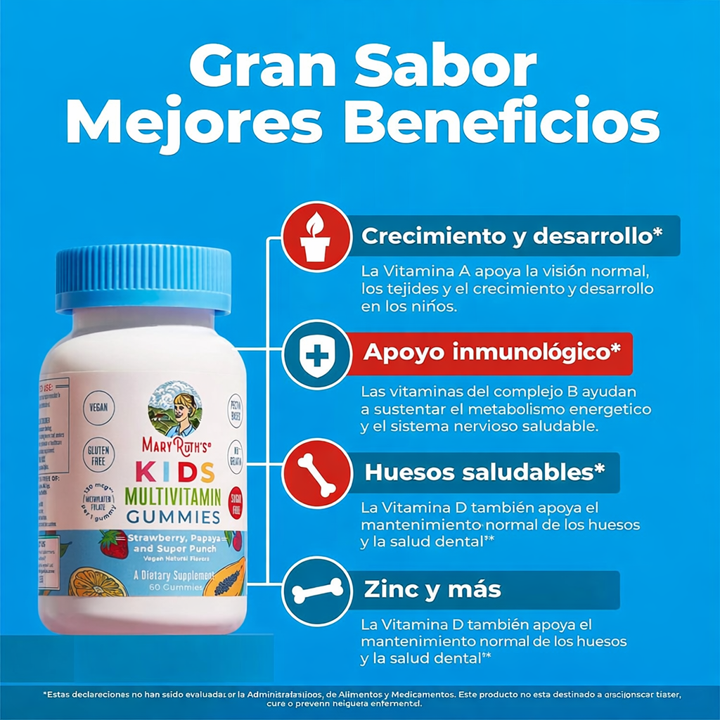 MaryRuth’s - Gomitas Multivitamínicas Sin Azúcar – Vitaminas para Niños | D3, C, A, B12 y Zinc | 60 Gomitas
