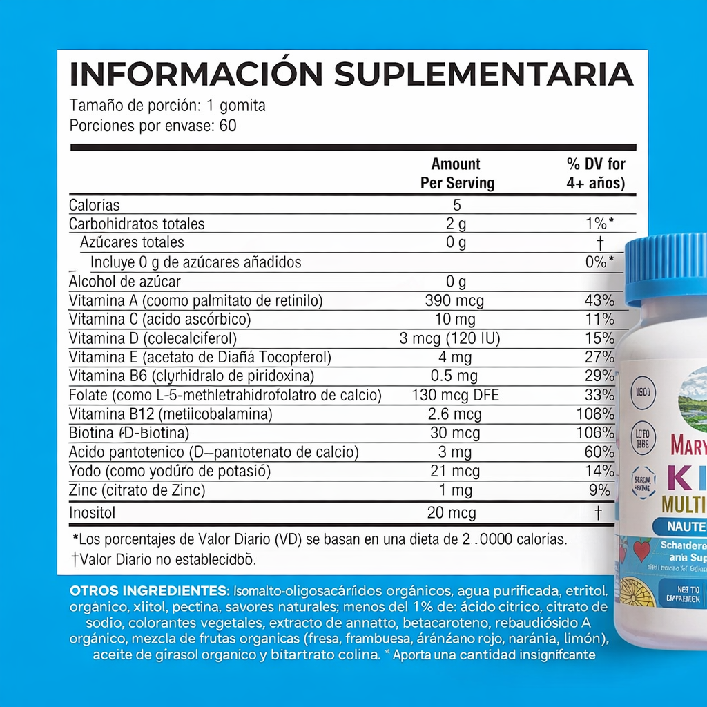 MaryRuth’s - Gomitas Multivitamínicas Sin Azúcar – Vitaminas para Niños | D3, C, A, B12 y Zinc | 60 Gomitas
