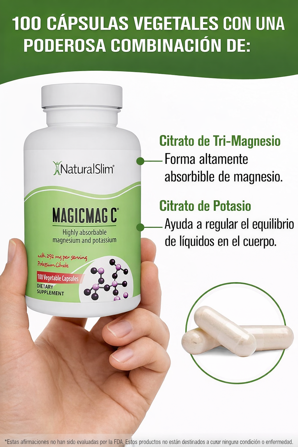 NaturalSlim - MagicMag C – Magnesio + Potasio de Alta Absorción para Energía, Relajación y Sistema Muscular | 100 Cápsulas