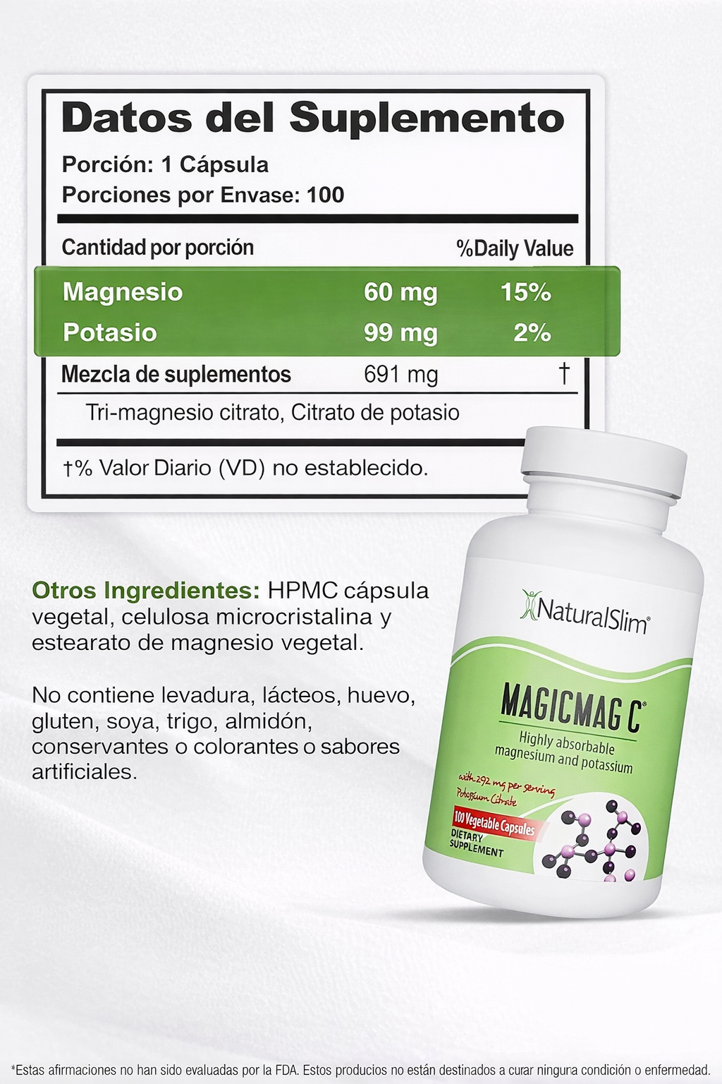 NaturalSlim - MagicMag C – Magnesio + Potasio de Alta Absorción para Energía, Relajación y Sistema Muscular | 100 Cápsulas