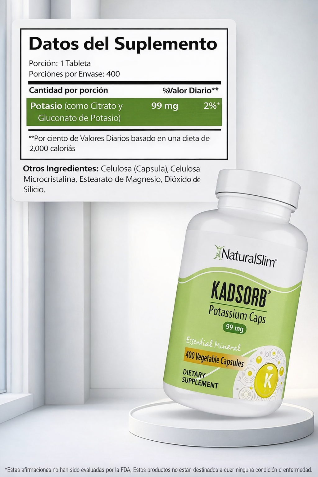 NaturalSlim - Kadsorb Potasio 99 mg – Equilibrio Electrolítico, Energía y Función Muscular | 400 Cápsulas