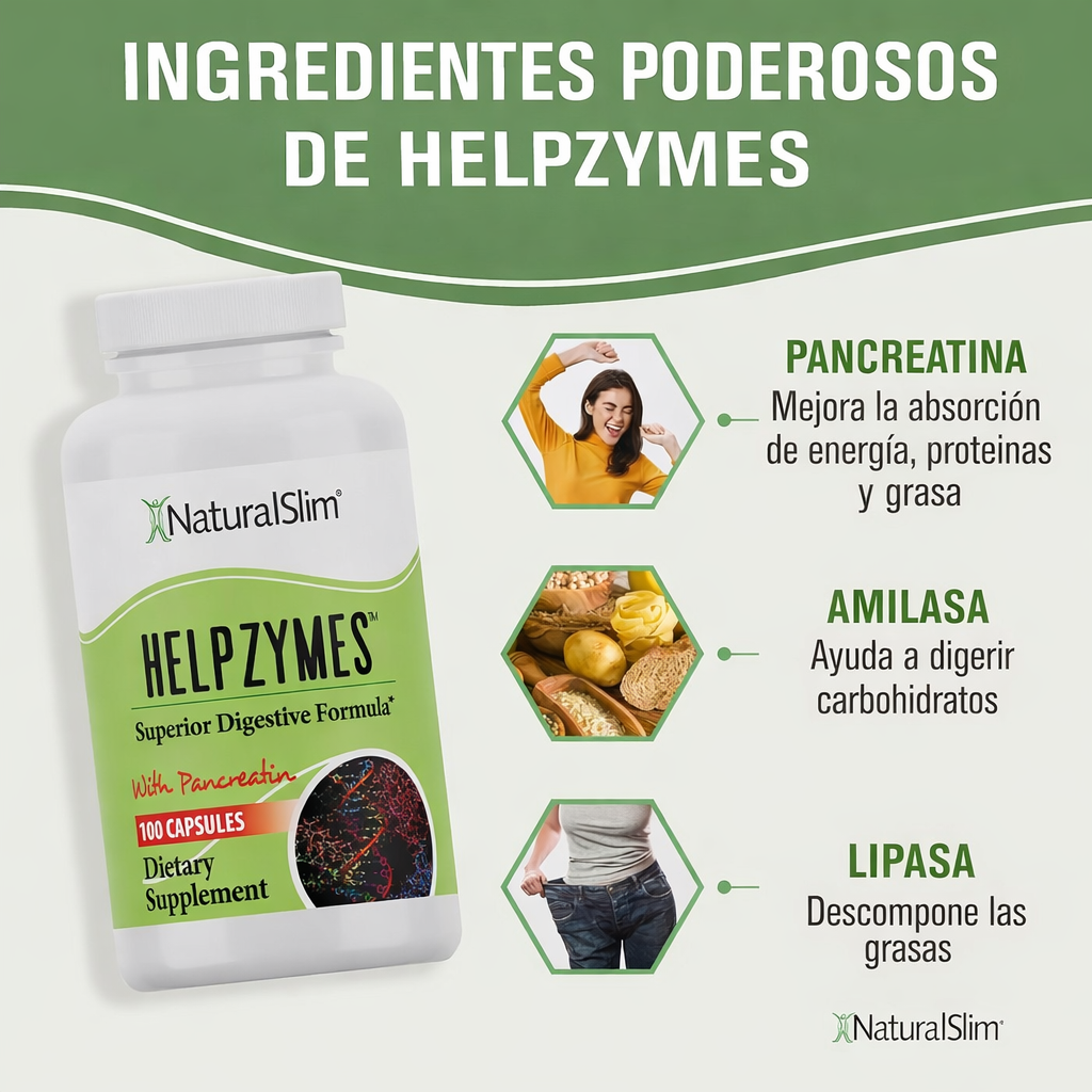 NaturalSlim - HelpZymes – Enzimas Digestivas Avanzadas con Pancreatina | 100 Cápsulas