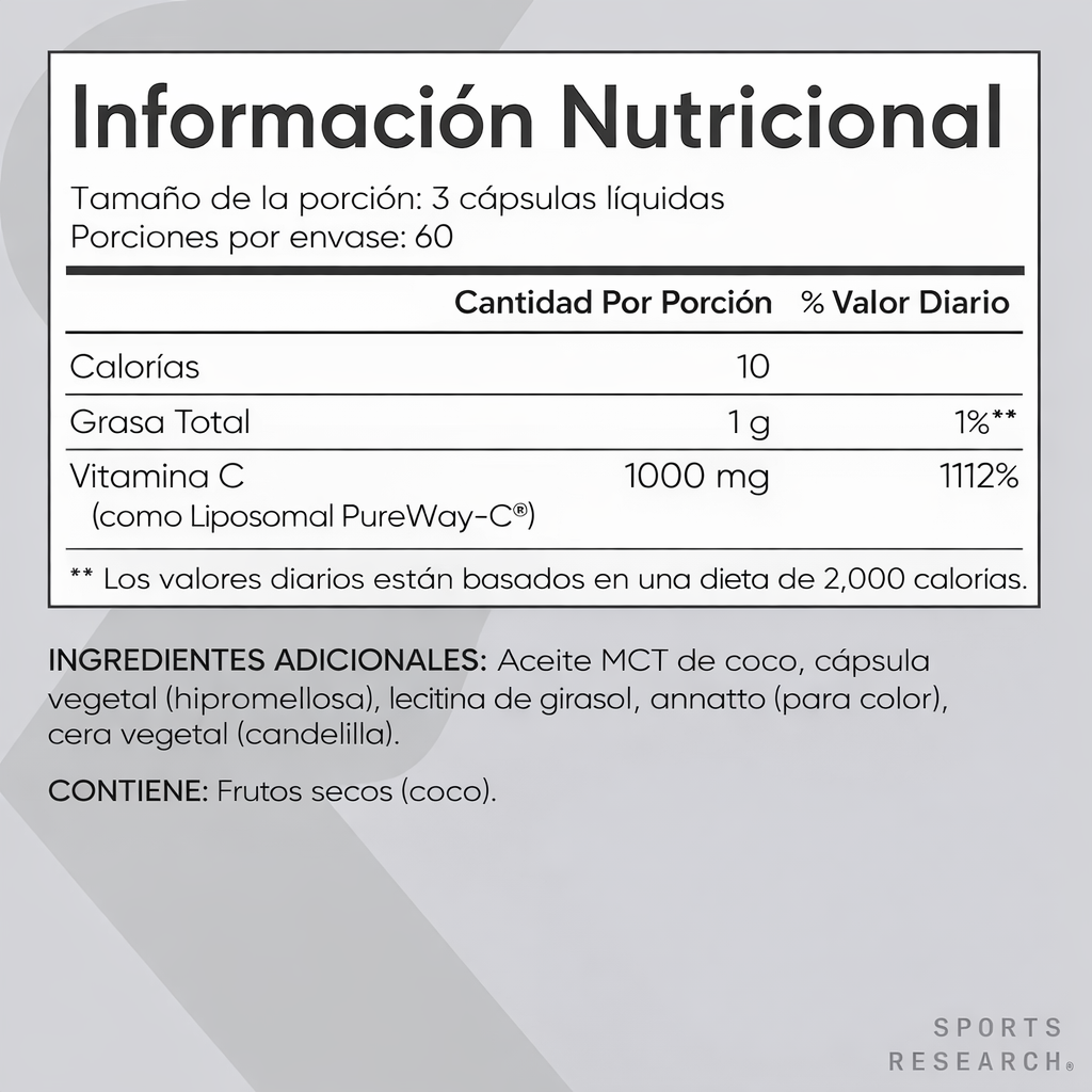 Sports Research - Vitamina C Liposomal 1000 mg – Alta Absorción - Refuerza Defensas | 180 Cápsulas Veganas