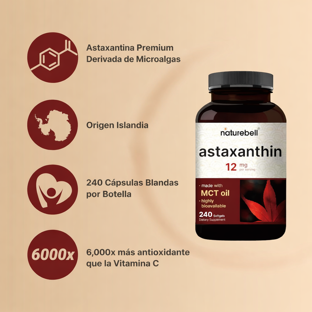 NatureBell - Astaxantina 12 mg – Antioxidante Potente con Aceite MCT | 240 Softgels