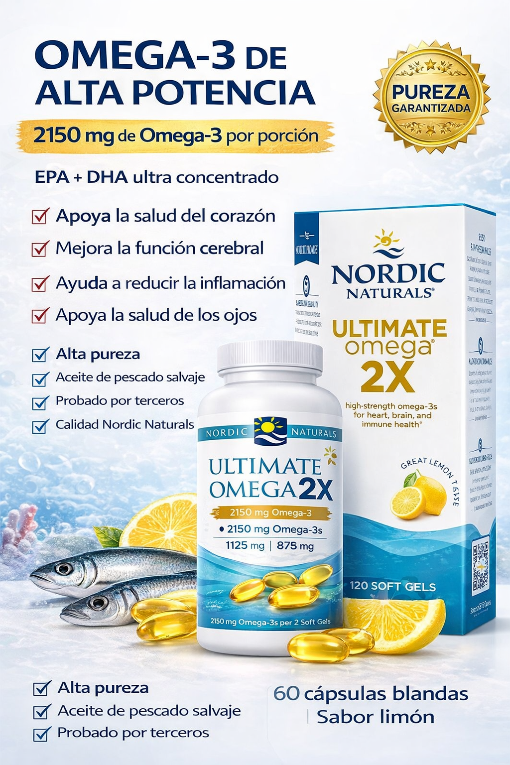 Ultimate Omega 2X 2150 mg Omega-3 Alta Potencia | Nordic Naturals | 60 Softgels