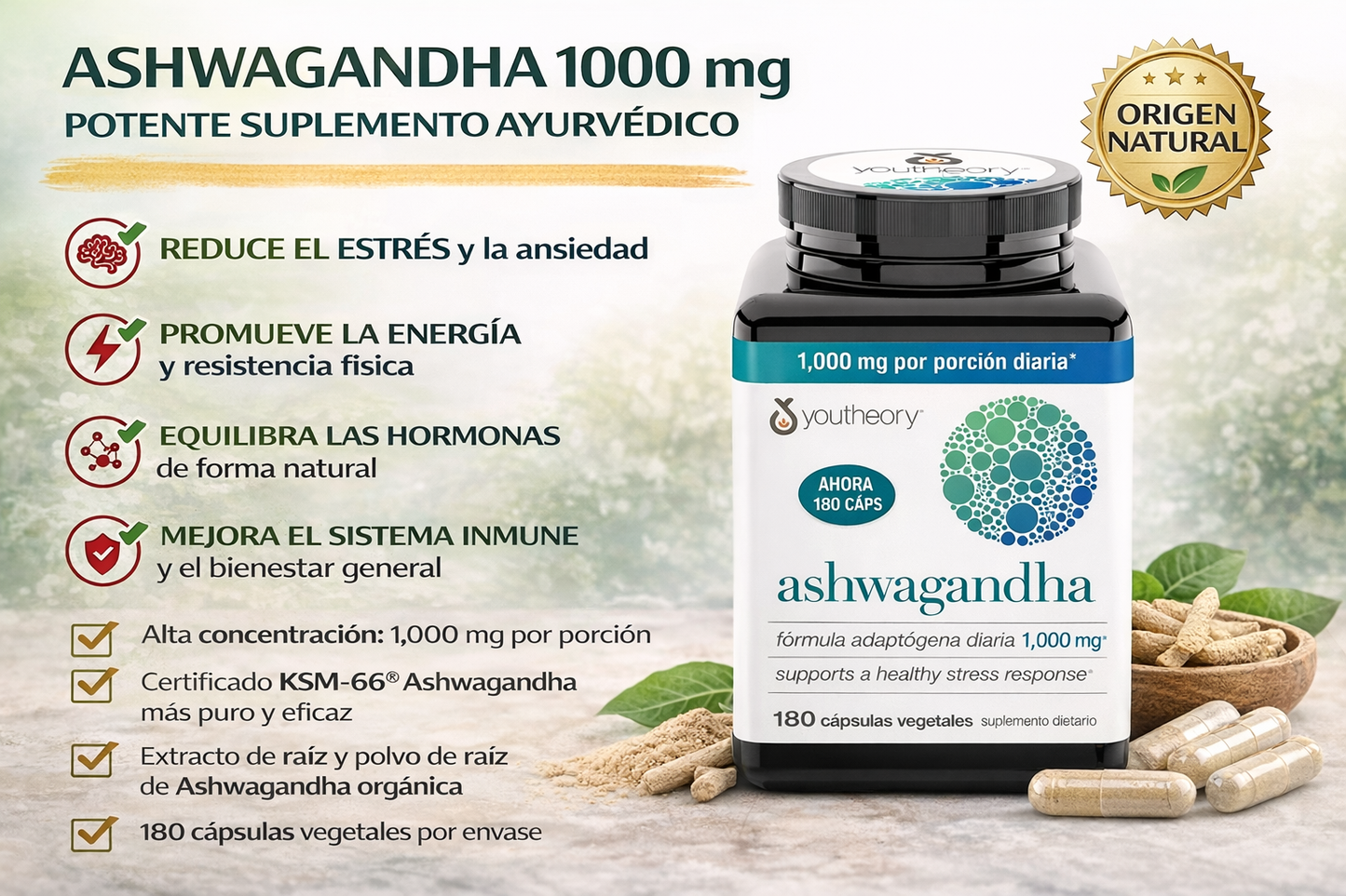 Ashwagandha 1000 mg | 180 Cápsulas | Youtheory | Adaptógeno para Estrés y Energía
