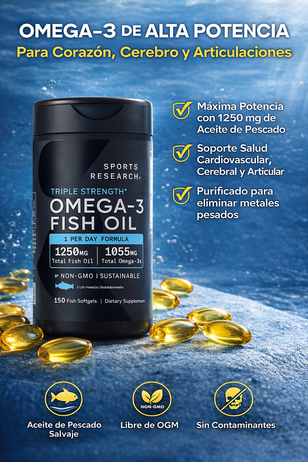Omega-3 Fish Oil Triple Strength 150 Softgels – Sports Research | Apoyo para Corazón, Cerebro y Articulaciones