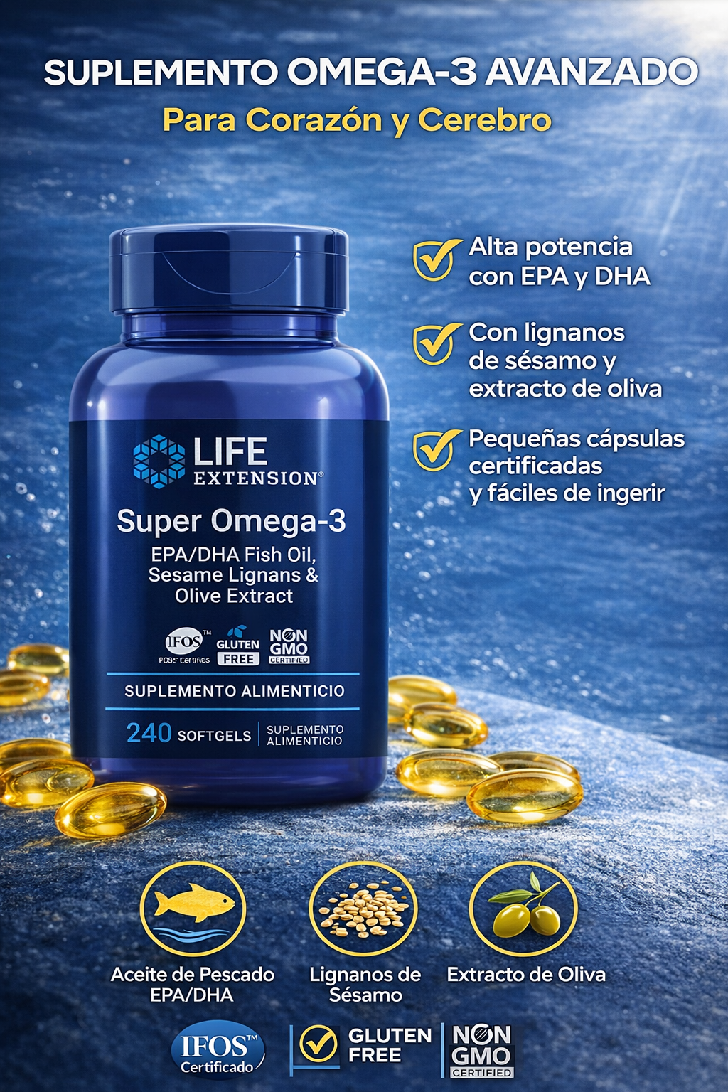 Life Extension Super Omega-3 EPA/DHA Fish Oil con Lignanos de Sésamo y Extracto de Oliva – 240 Softgels