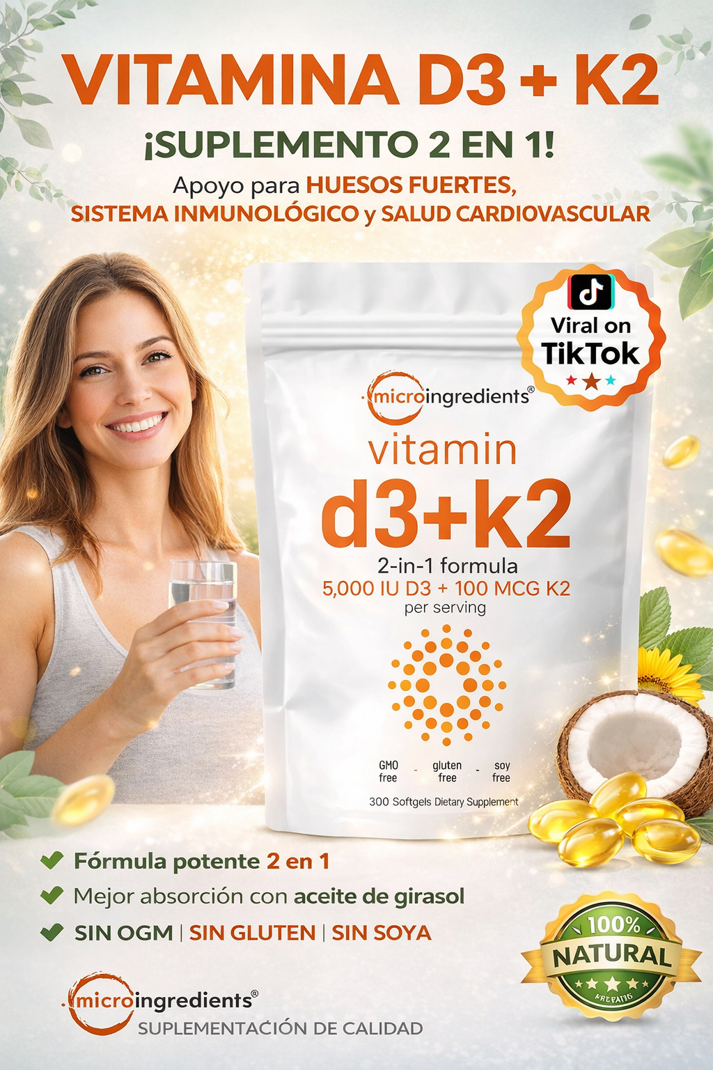 Micro Ingredients Vitamin D3 + K2 300 Softgels – Soporte para Huesos, Sistema Inmunológico y Salud Cardiovascular