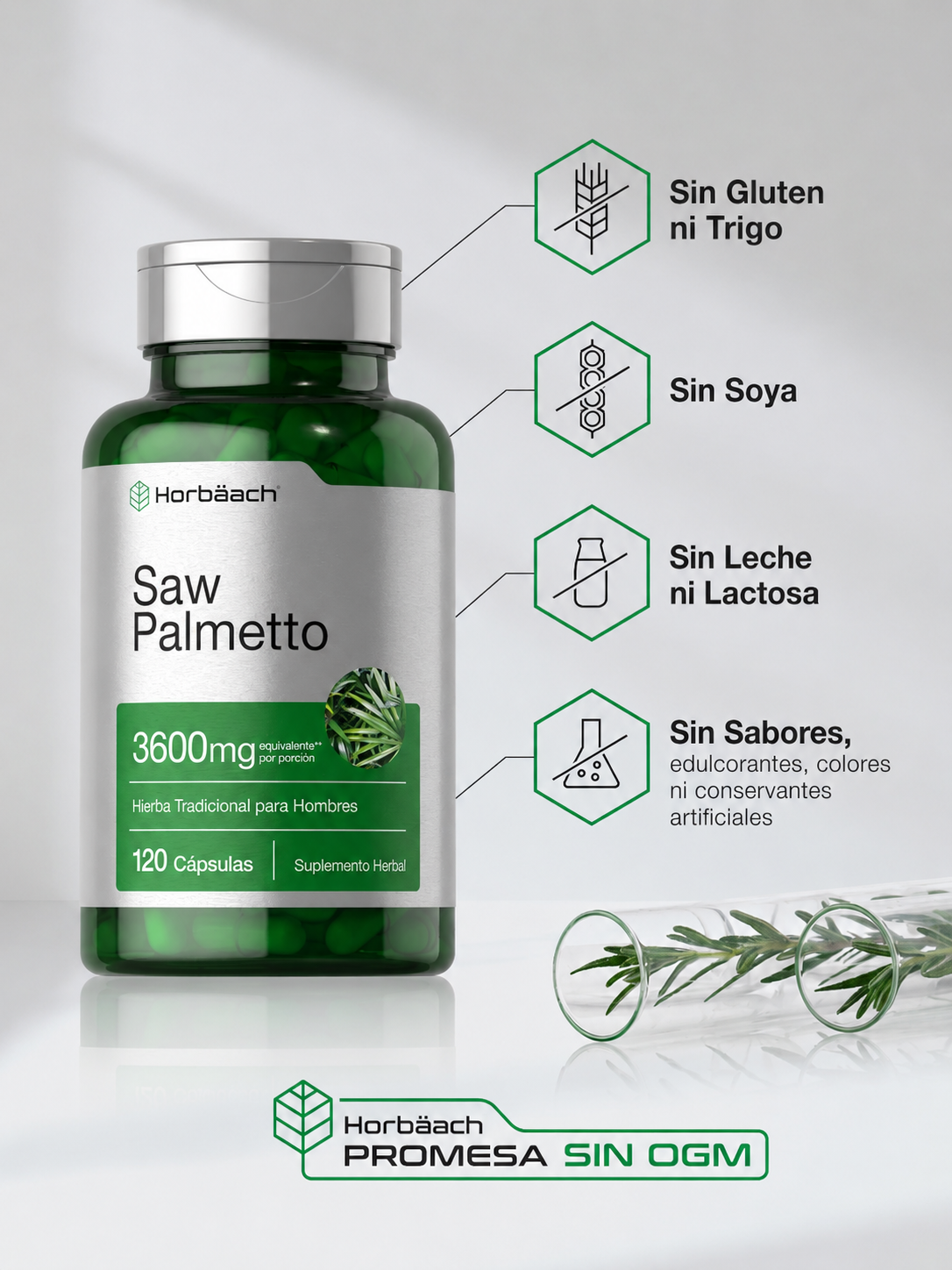 Horbäach - Saw Palmetto 3600 mg – Suplemento Herbal para Hombre | 120 Cápsulas
