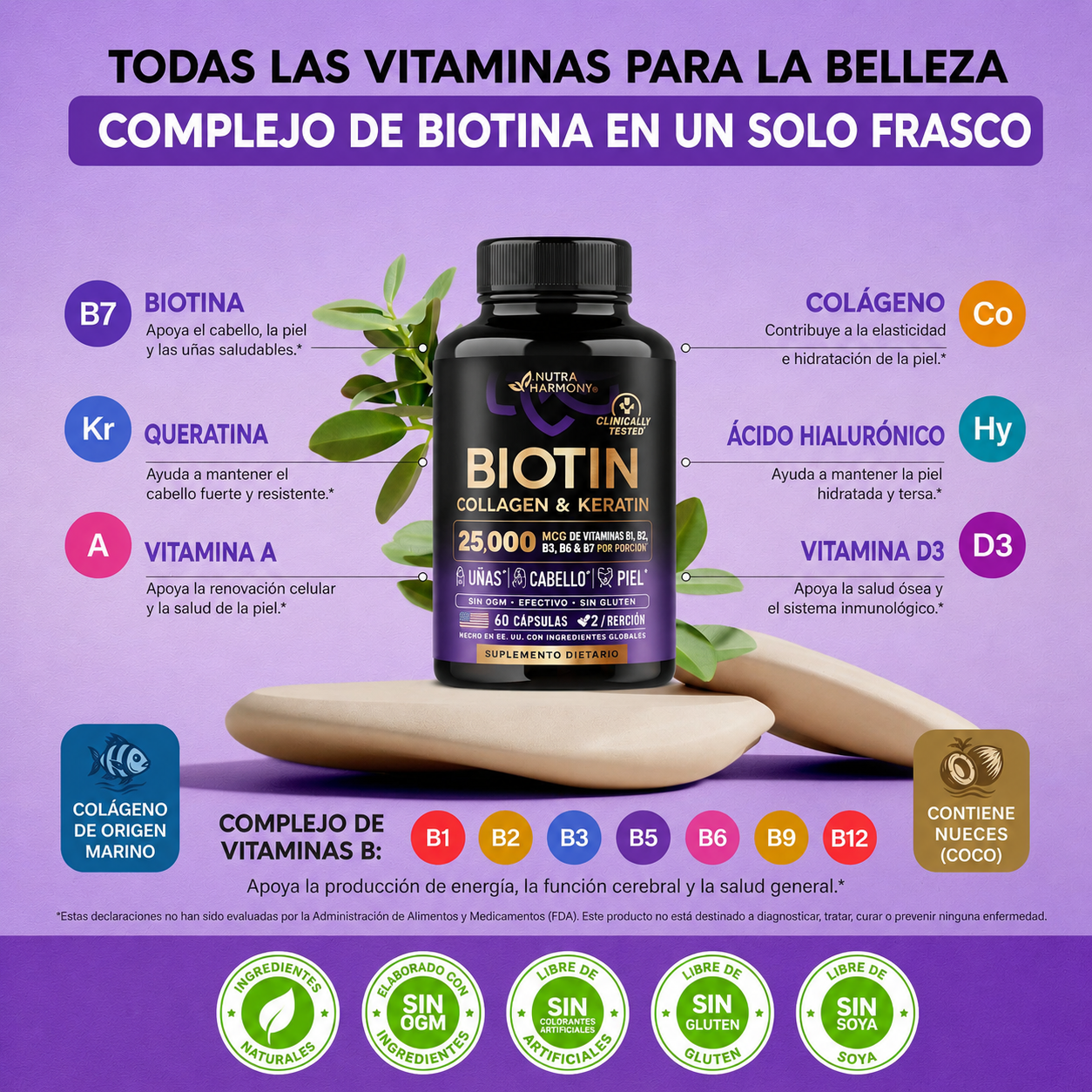 Nutra Harmony - Biotina, Colágeno y Queratina – Vitaminas para Cabello, Piel y Uñas | Cápsulas