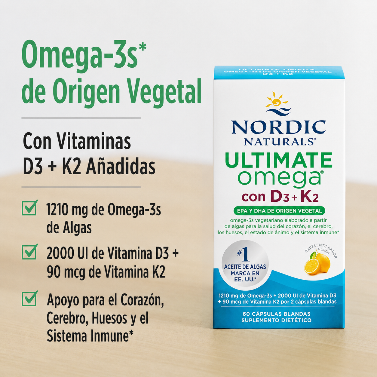 Nordic Naturals - Ultimate Omega D3 + K2 Vegetal – Omega 3 de Algas con Vitamina D3 y K2 | 60 Softgels